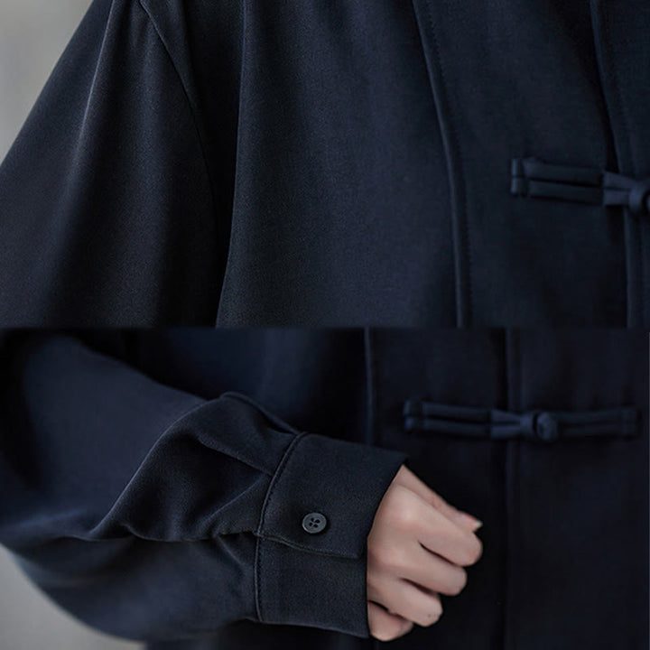 Koszula damska z długim rękawem z bawełny Buddha Stones w kolorze czarnym, gładka, z żabą i guzikami - image 11