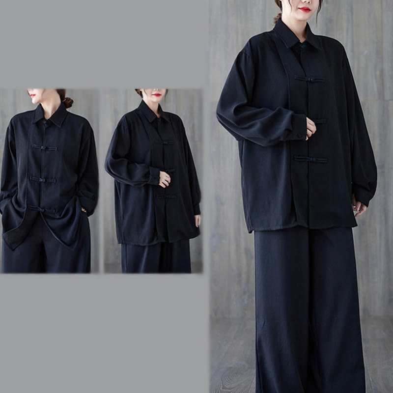 Koszula damska z długim rękawem z bawełny Buddha Stones w kolorze czarnym, gładka, z żabą i guzikami - image 6