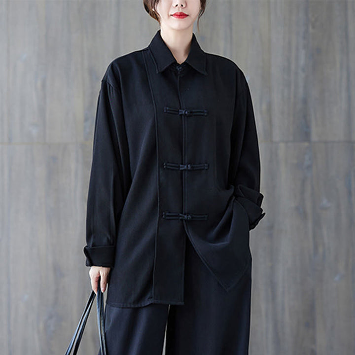 Koszula damska z długim rękawem z bawełny Buddha Stones w kolorze czarnym, gładka, z żabą i guzikami - image 3