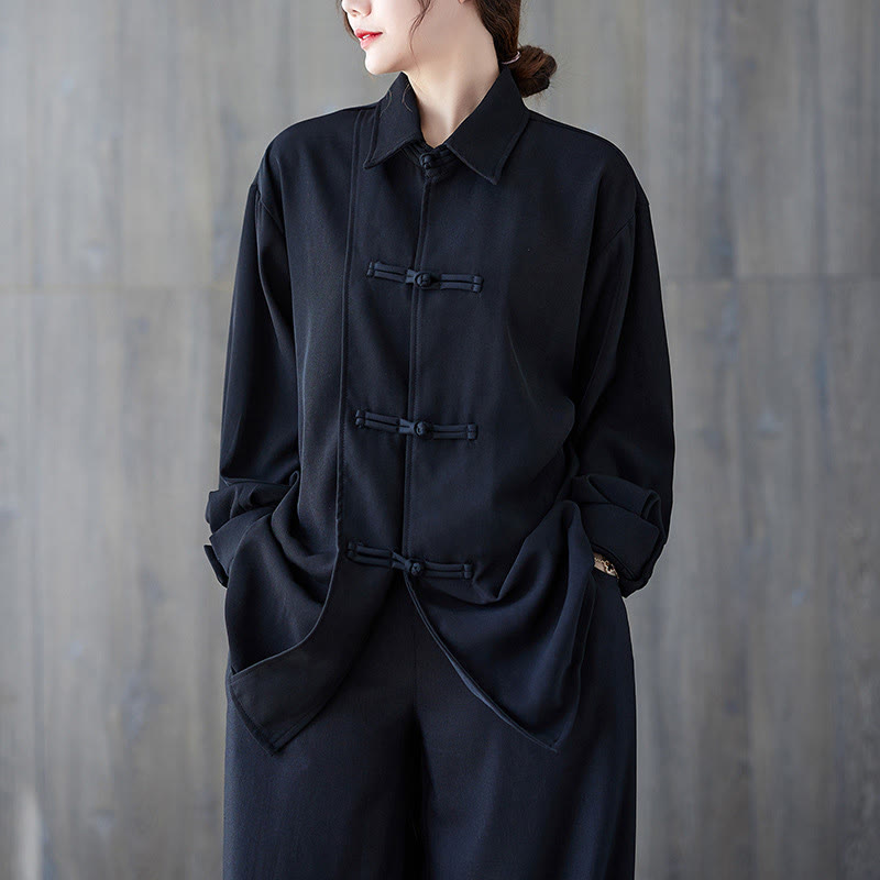 Koszula damska z długim rękawem z bawełny Buddha Stones w kolorze czarnym, gładka, z żabą i guzikami - Czarny - US12, UK/AU16, EU44 (XL) - image 0