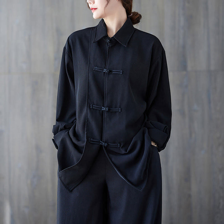 Koszula damska z długim rękawem z bawełny Buddha Stones w kolorze czarnym, gładka, z żabą i guzikami - Czarny - US12, UK/AU16, EU44 (XL) - image 0