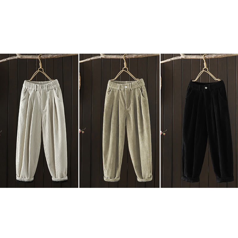 Buddha Stones zimowe spodnie haremowe z gładkiego sztruksu bawełnianego z wysokim stanem i podszewką z polaru z kieszeniami - image 24