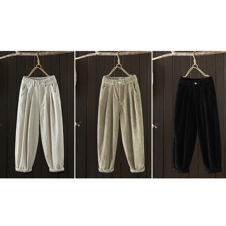 Buddha Stones zimowe spodnie haremowe z gładkiego sztruksu bawełnianego z wysokim stanem i podszewką z polaru z kieszeniami - image 24