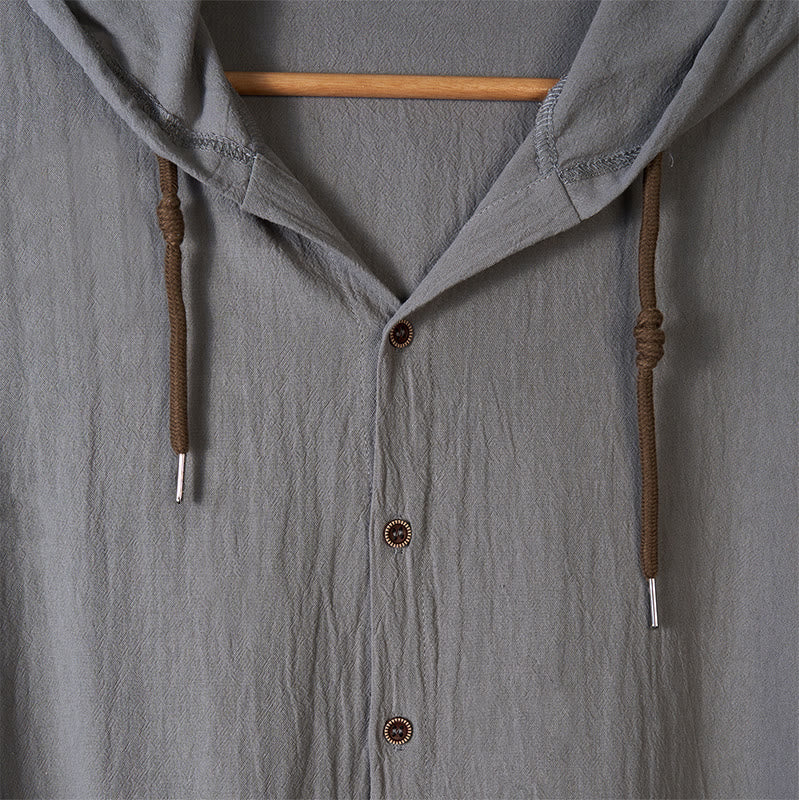 Koszula męska z długim rękawem i kapturem, w jednolitym kolorze, z nadrukiem "Buddha Stones", ze ściągaczem i guzikami, lniana - image 13