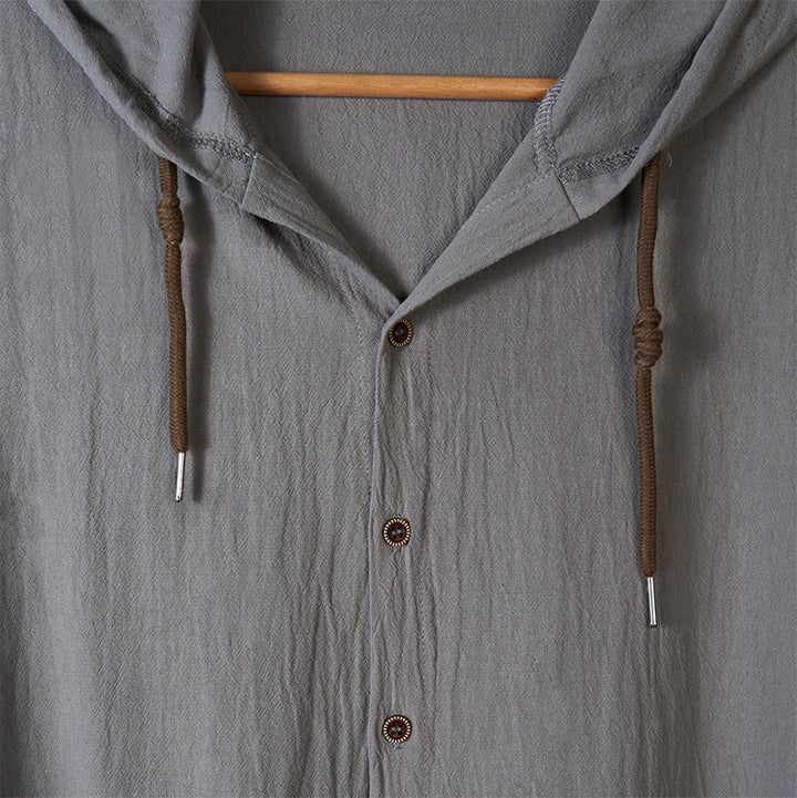 Koszula męska z długim rękawem i kapturem, w jednolitym kolorze, z nadrukiem "Buddha Stones", ze ściągaczem i guzikami, lniana - image 13