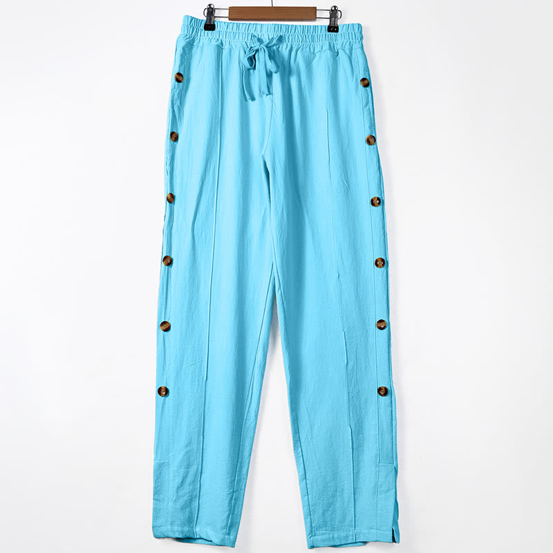 Spodnie bawełniane męskie z kieszeniami i jednolitym kolorem "Buddha Stones" z bocznymi guzikami - LightSkyBlue - US/UK/AU46， EU56 (3XL) - image 9