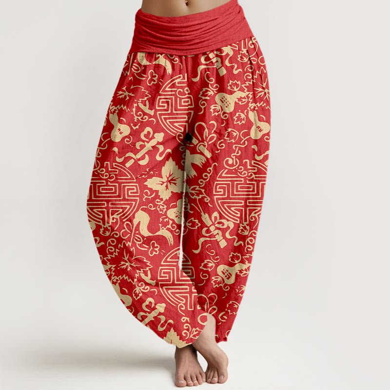 Buddha Stones z czystej bawełny, chiński znak dyni, pomyślny wzór, damskie spodnie haremowe z elastyczną talią - Czerwony - US16, UK/AU20, EU48 (3XL) - image 8