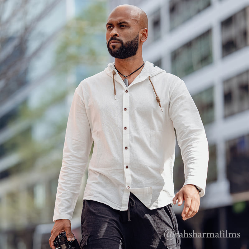 Buddha Stones z długim rękawem i kapturem, w jednolitym kolorze, z bawełny, z guzikami ściągającymi i sznurkiem - image 2