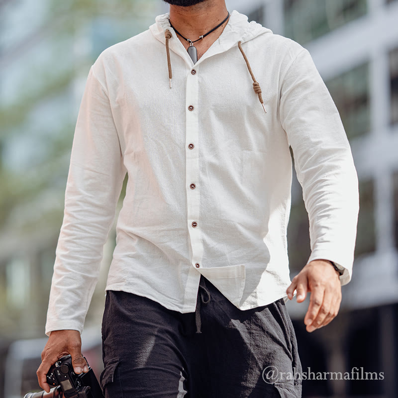 Buddha Stones z długim rękawem i kapturem, w jednolitym kolorze, z bawełny, z guzikami ściągającymi i sznurkiem - Biały - US/UK/AU44， EU54 (3XL) - image 0