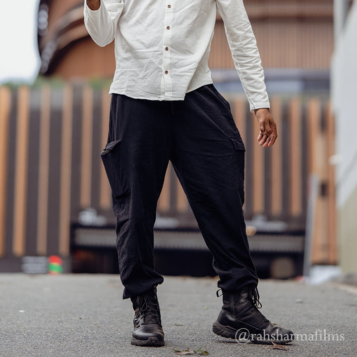 Spodnie cargo męskie z kieszeniami i ściągaczem z motywem Buddha Stones w jednolitym kolorze z lnu - Czarny - US/UK/AU46， EU56 (3XL) - image 0