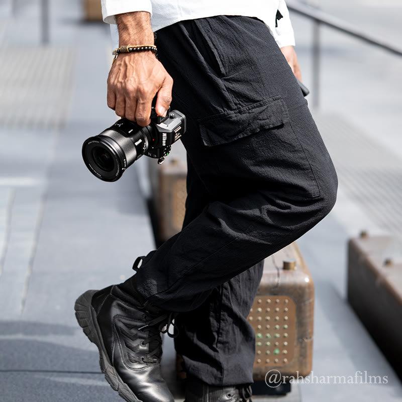 Spodnie cargo męskie z kieszeniami i ściągaczem z motywem Buddha Stones w jednolitym kolorze z lnu - image 1