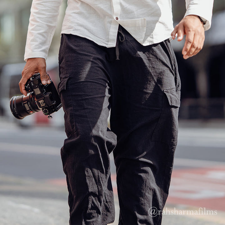 Spodnie cargo męskie z kieszeniami i ściągaczem z motywem Buddha Stones w jednolitym kolorze z lnu - image 2