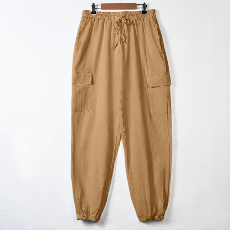 Spodnie cargo męskie z kieszeniami i ściągaczem z motywem Buddha Stones w jednolitym kolorze z lnu - SandyBrown - US/UK/AU46， EU56 (3XL) - image 30