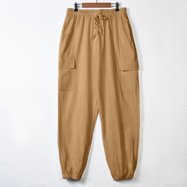 Spodnie cargo męskie z kieszeniami i ściągaczem z motywem Buddha Stones w jednolitym kolorze z lnu - SandyBrown - US/UK/AU46， EU56 (3XL) - image 30