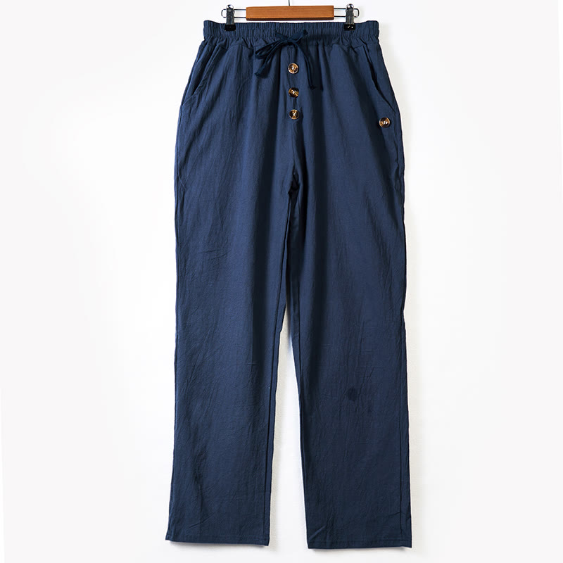 Męskie bawełniane spodnie z kieszeniami, guzikami w jednolitym kolorze i ściągaczem w kształcie Buddha Stones - image 1