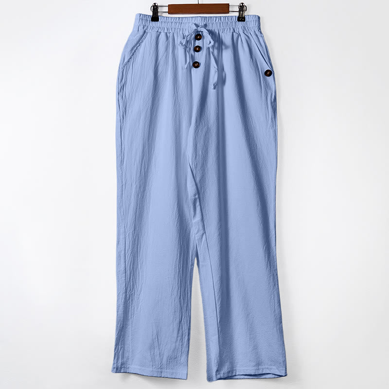 Męskie bawełniane spodnie z kieszeniami, guzikami w jednolitym kolorze i ściągaczem w kształcie Buddha Stones - LightSkyBlue - US/UK/AU46， EU56 (3XL) - image 26