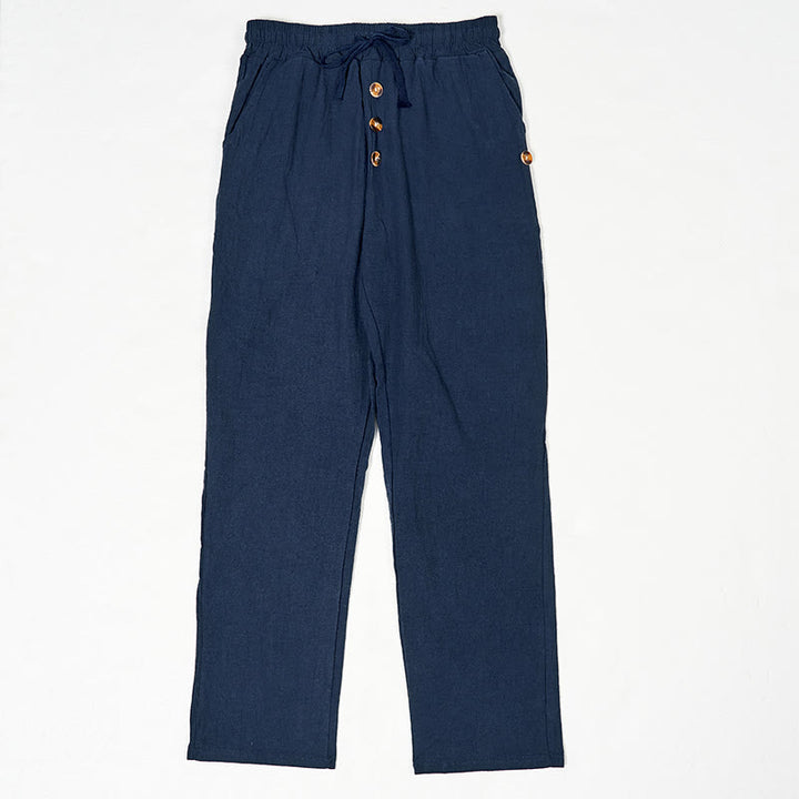 Męskie bawełniane spodnie z kieszeniami, guzikami w jednolitym kolorze i ściągaczem w kształcie Buddha Stones - Stalowoniebieski - US/UK/AU46， EU56 (3XL) - image 0