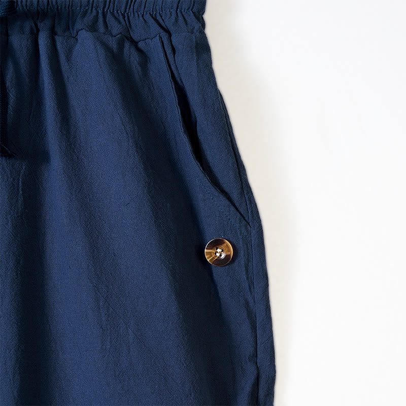 Męskie bawełniane spodnie z kieszeniami, guzikami w jednolitym kolorze i ściągaczem w kształcie Buddha Stones - image 3