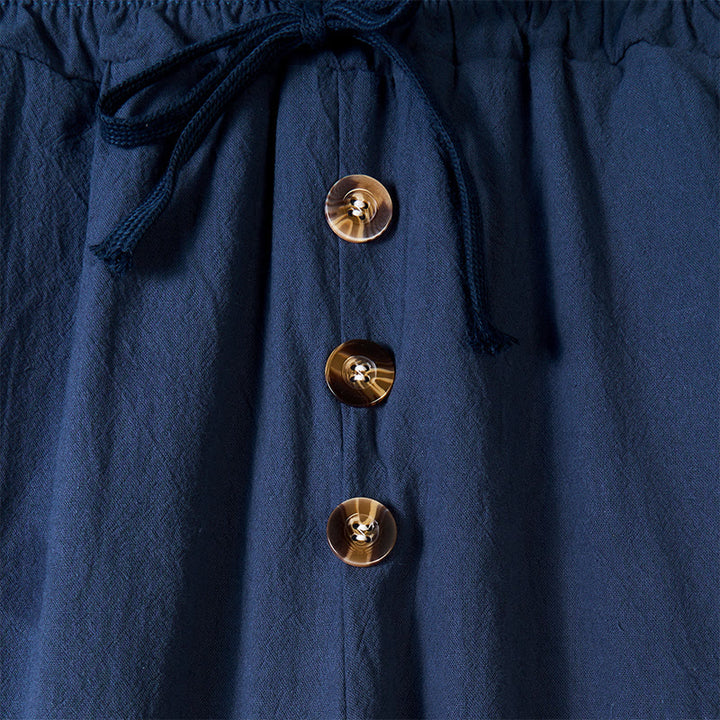 Męskie bawełniane spodnie z kieszeniami, guzikami w jednolitym kolorze i ściągaczem w kształcie Buddha Stones - image 2