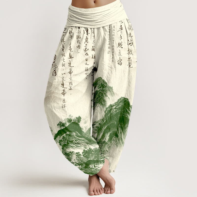 Buddha Stones z czystej bawełny, chińskie malarstwo pejzażowe, damskie spodnie haremowe z elastyczną talią - Beżowy - US16, UK/AU20, EU48 (3XL) - image 0
