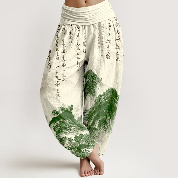 Buddha Stones z czystej bawełny, chińskie malarstwo pejzażowe, damskie spodnie haremowe z elastyczną talią - Beżowy - US16, UK/AU20, EU48 (3XL) - image 0