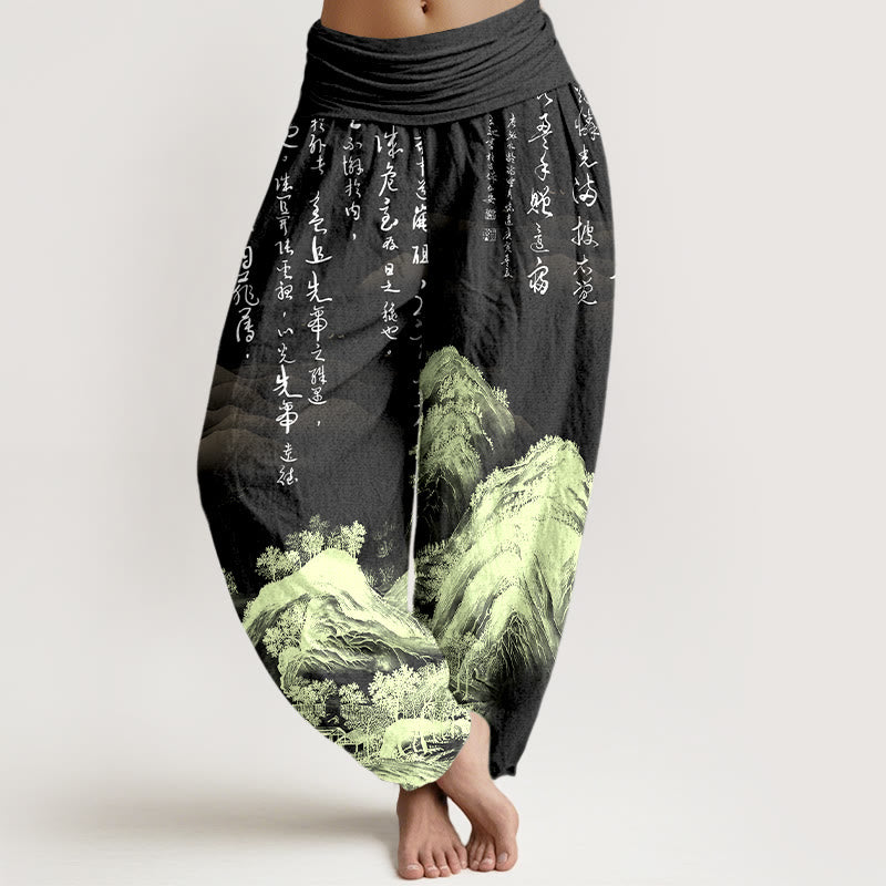 Buddha Stones z czystej bawełny, chińskie malarstwo pejzażowe, damskie spodnie haremowe z elastyczną talią - Czarny - US16, UK/AU20, EU48 (3XL) - image 5