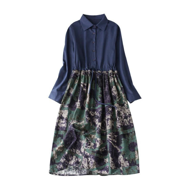 Sukienka midi z lnianego materiału z nadrukiem "Buddha Stones" z długim rękawem i kieszeniami, z nadrukiem jesiennym i patchworkowym wzorem - image 9