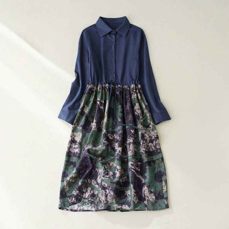 Sukienka midi z lnianego materiału z nadrukiem "Buddha Stones" z długim rękawem i kieszeniami, z nadrukiem jesiennym i patchworkowym wzorem - Ciemnoniebieski - US8-10，UK/AU12-14，EU40-42 (2XL) - image 1