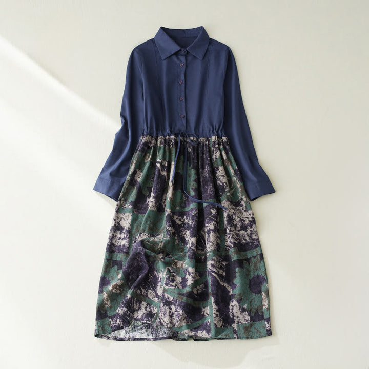 Sukienka midi z lnianego materiału z nadrukiem "Buddha Stones" z długim rękawem i kieszeniami, z nadrukiem jesiennym i patchworkowym wzorem - Ciemnoniebieski - US8-10，UK/AU12-14，EU40-42 (2XL) - image 1