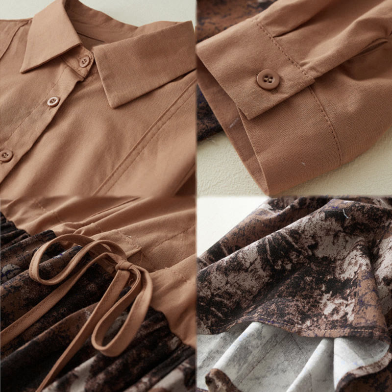 Sukienka midi z lnianego materiału z nadrukiem "Buddha Stones" z długim rękawem i kieszeniami, z nadrukiem jesiennym i patchworkowym wzorem - image 13