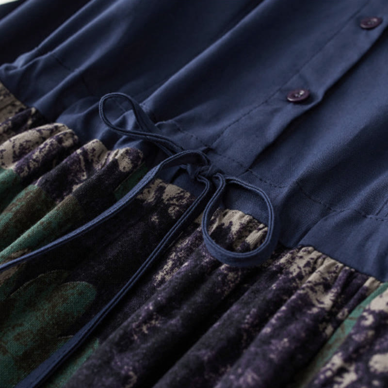 Sukienka midi z lnianego materiału z nadrukiem "Buddha Stones" z długim rękawem i kieszeniami, z nadrukiem jesiennym i patchworkowym wzorem - image 4