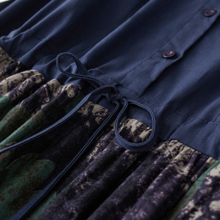 Sukienka midi z lnianego materiału z nadrukiem "Buddha Stones" z długim rękawem i kieszeniami, z nadrukiem jesiennym i patchworkowym wzorem - image 4