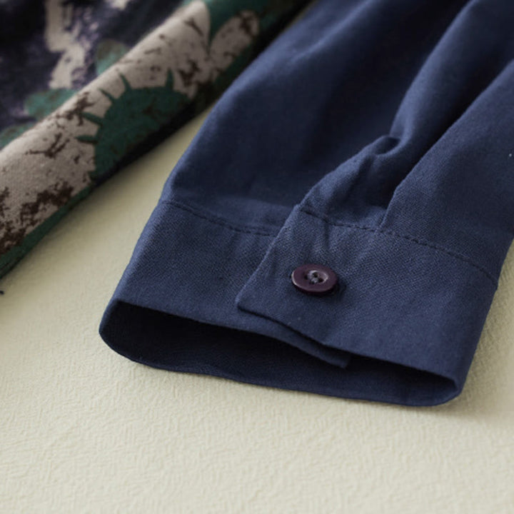 Sukienka midi z lnianego materiału z nadrukiem "Buddha Stones" z długim rękawem i kieszeniami, z nadrukiem jesiennym i patchworkowym wzorem - image 7