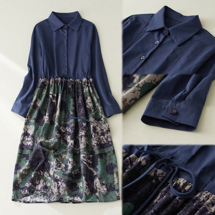 Sukienka midi z lnianego materiału z nadrukiem "Buddha Stones" z długim rękawem i kieszeniami, z nadrukiem jesiennym i patchworkowym wzorem - image 8