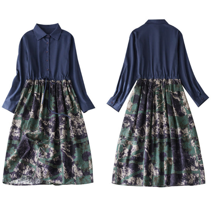 Sukienka midi z lnianego materiału z nadrukiem "Buddha Stones" z długim rękawem i kieszeniami, z nadrukiem jesiennym i patchworkowym wzorem - image 10