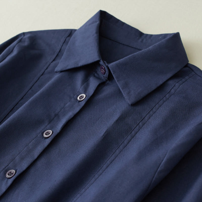 Sukienka midi z lnianego materiału z nadrukiem "Buddha Stones" z długim rękawem i kieszeniami, z nadrukiem jesiennym i patchworkowym wzorem - image 3