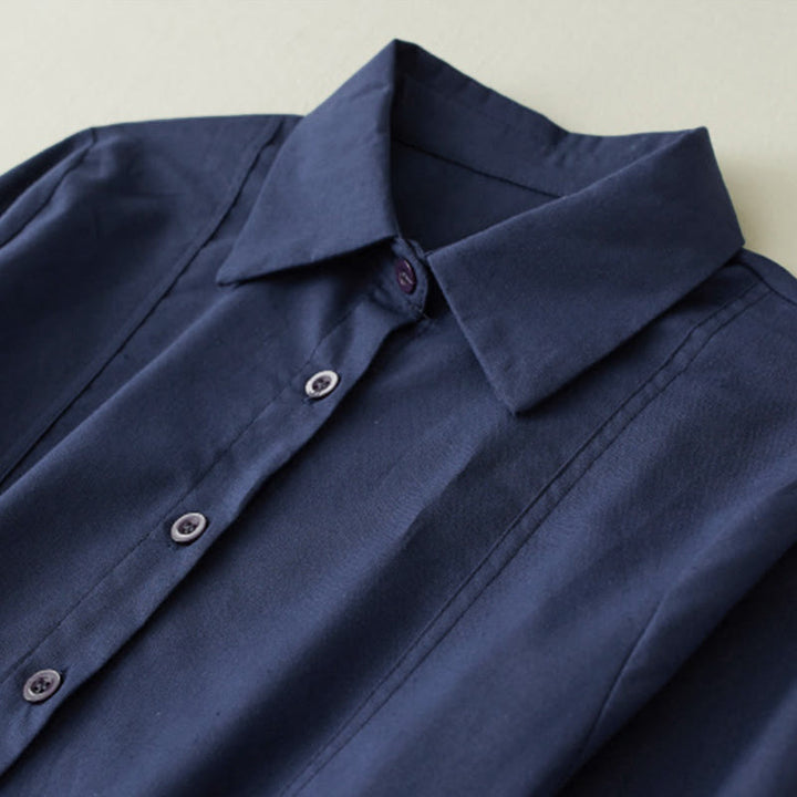 Sukienka midi z lnianego materiału z nadrukiem "Buddha Stones" z długim rękawem i kieszeniami, z nadrukiem jesiennym i patchworkowym wzorem - image 3