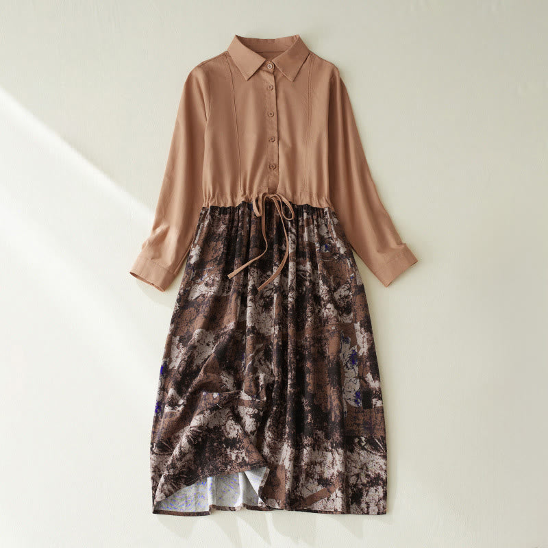 Sukienka midi z lnianego materiału z nadrukiem "Buddha Stones" z długim rękawem i kieszeniami, z nadrukiem jesiennym i patchworkowym wzorem - SandyBrown - US8-10，UK/AU12-14，EU40-42 (2XL) - image 11