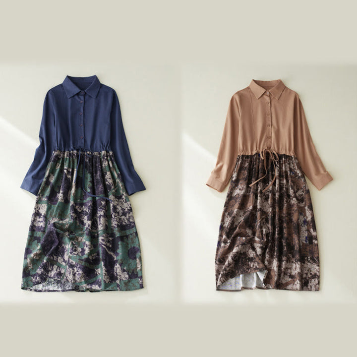 Sukienka midi z lnianego materiału z nadrukiem "Buddha Stones" z długim rękawem i kieszeniami, z nadrukiem jesiennym i patchworkowym wzorem - image 14