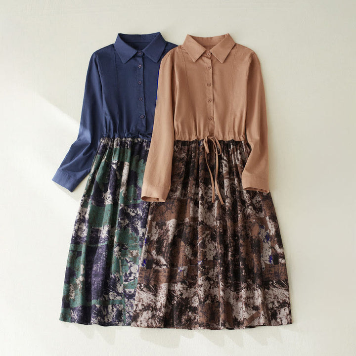 Sukienka midi z lnianego materiału z nadrukiem "Buddha Stones" z długim rękawem i kieszeniami, z nadrukiem jesiennym i patchworkowym wzorem - image 0