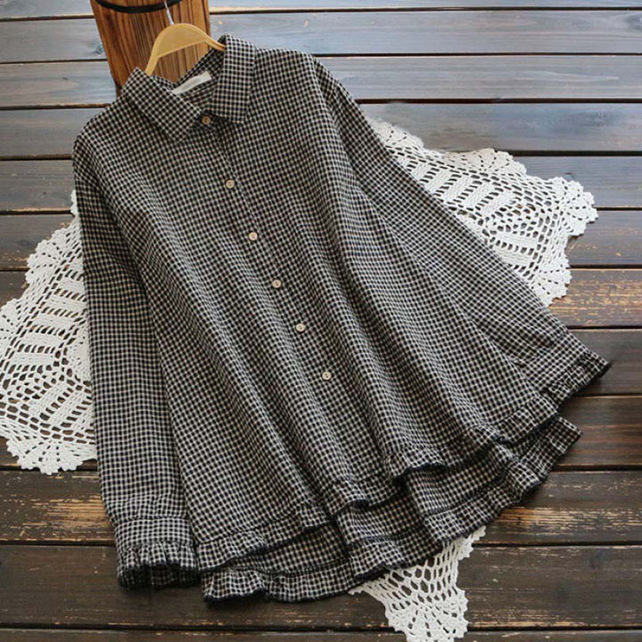 Koszula damska z długim rękawem i guzikami w kratkę „Buddha Stones” z falbaną u dołu - Czarny - US16, UK/AU20, EU48 (4XL) - image 4