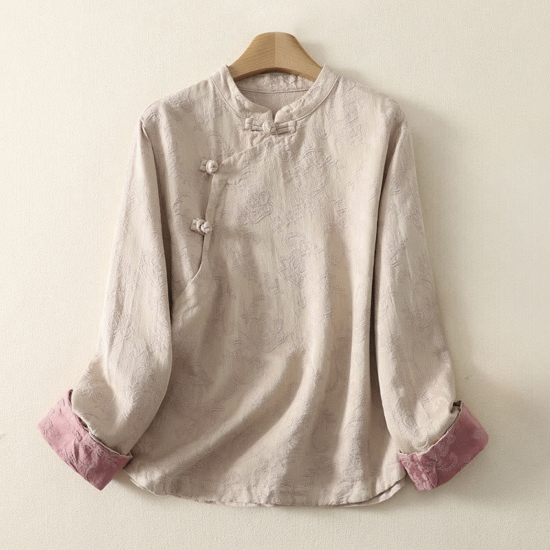 Koszula damska z długim rękawem, bawełną i lnem, z guzikami, z żakardową, diagonalną plisą i motywem Buddha Stones - Bielizna - US8-10，UK/AU12-14，EU40-42 (2XL) - image 1