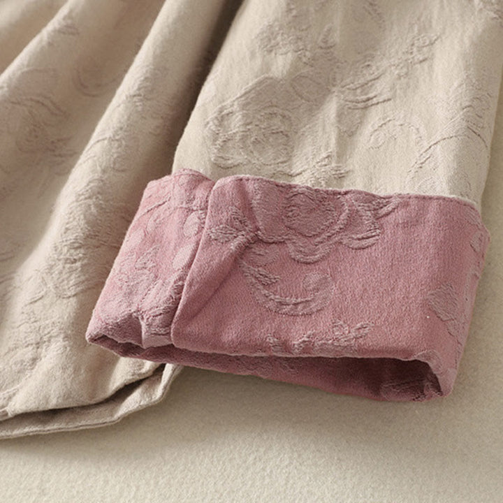 Koszula damska z długim rękawem, bawełną i lnem, z guzikami, z żakardową, diagonalną plisą i motywem Buddha Stones - image 4