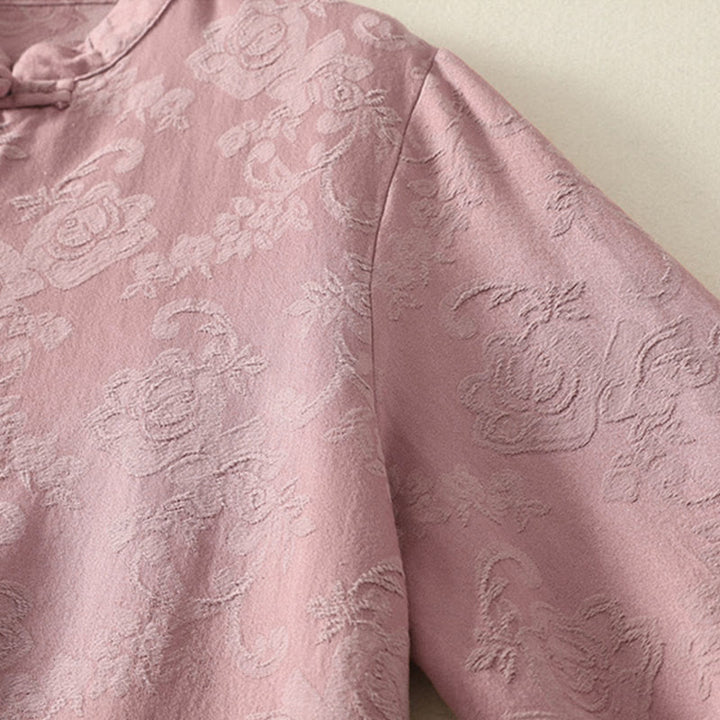 Koszula damska z długim rękawem, bawełną i lnem, z guzikami, z żakardową, diagonalną plisą i motywem Buddha Stones - image 15