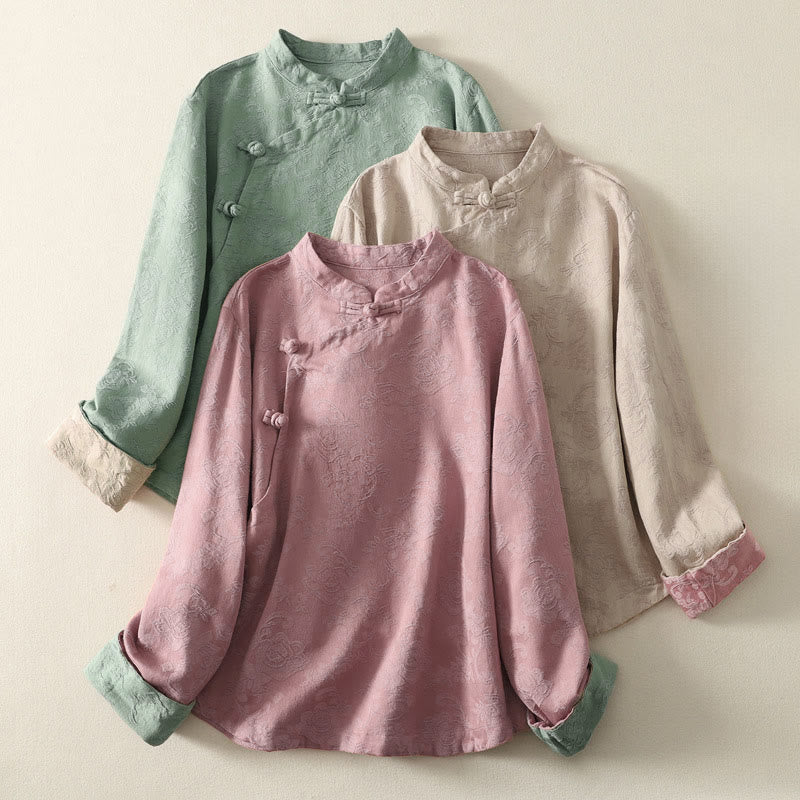 Koszula damska z długim rękawem, bawełną i lnem, z guzikami, z żakardową, diagonalną plisą i motywem Buddha Stones - image 0