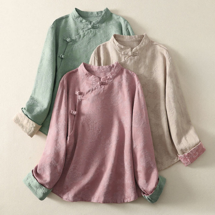 Koszula damska z długim rękawem, bawełną i lnem, z guzikami, z żakardową, diagonalną plisą i motywem Buddha Stones - image 0