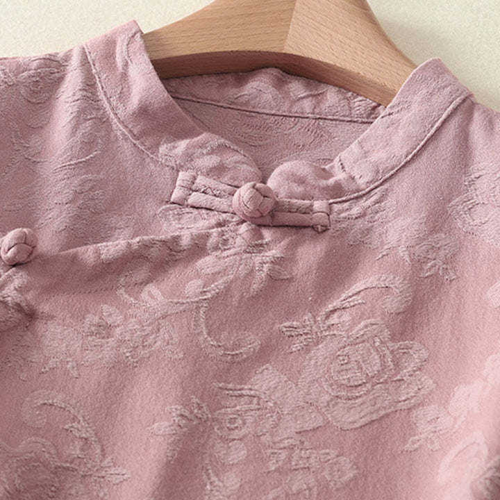 Koszula damska z długim rękawem, bawełną i lnem, z guzikami, z żakardową, diagonalną plisą i motywem Buddha Stones - image 13