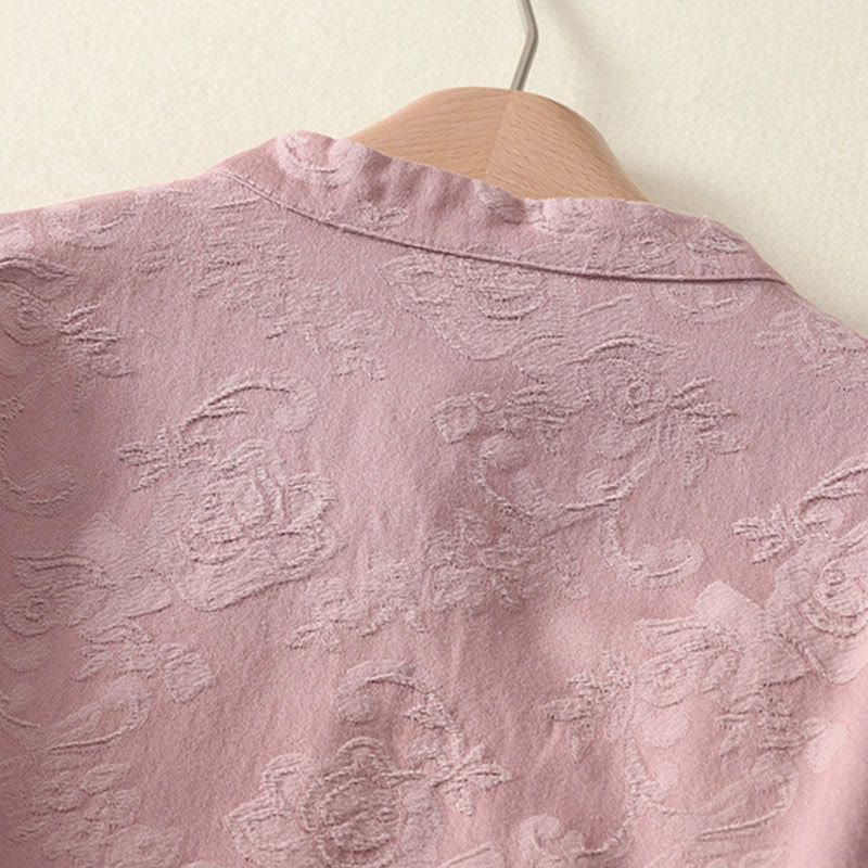 Koszula damska z długim rękawem, bawełną i lnem, z guzikami, z żakardową, diagonalną plisą i motywem Buddha Stones - image 14