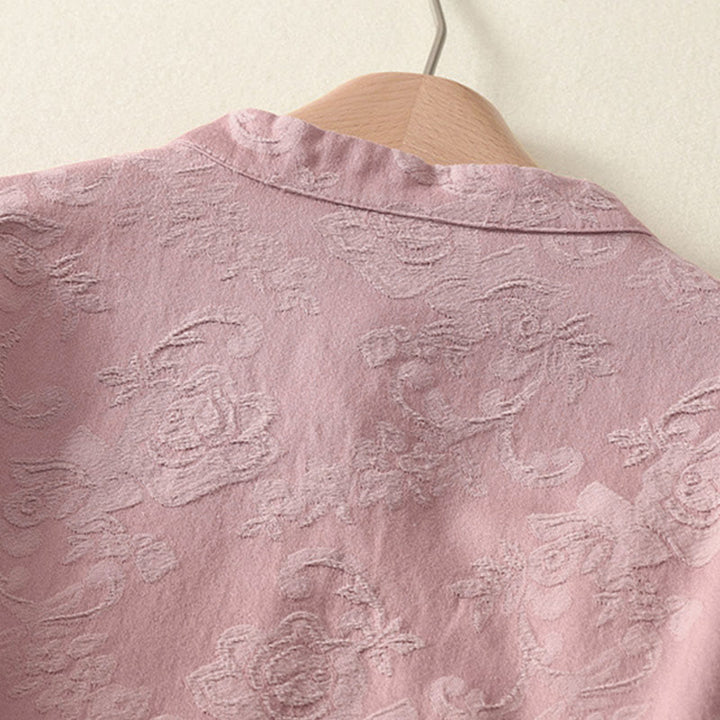 Koszula damska z długim rękawem, bawełną i lnem, z guzikami, z żakardową, diagonalną plisą i motywem Buddha Stones - image 14