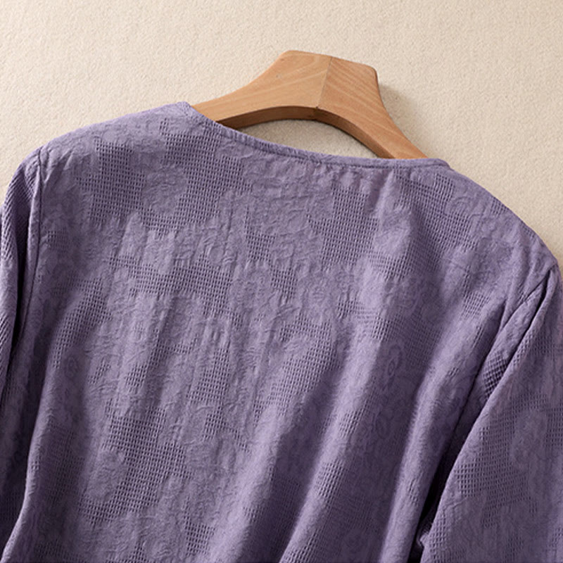 Koszula damska z długim rękawem z bawełny z nadrukiem "Buddha Stones" w nieregularnym dole i plisami - image 3